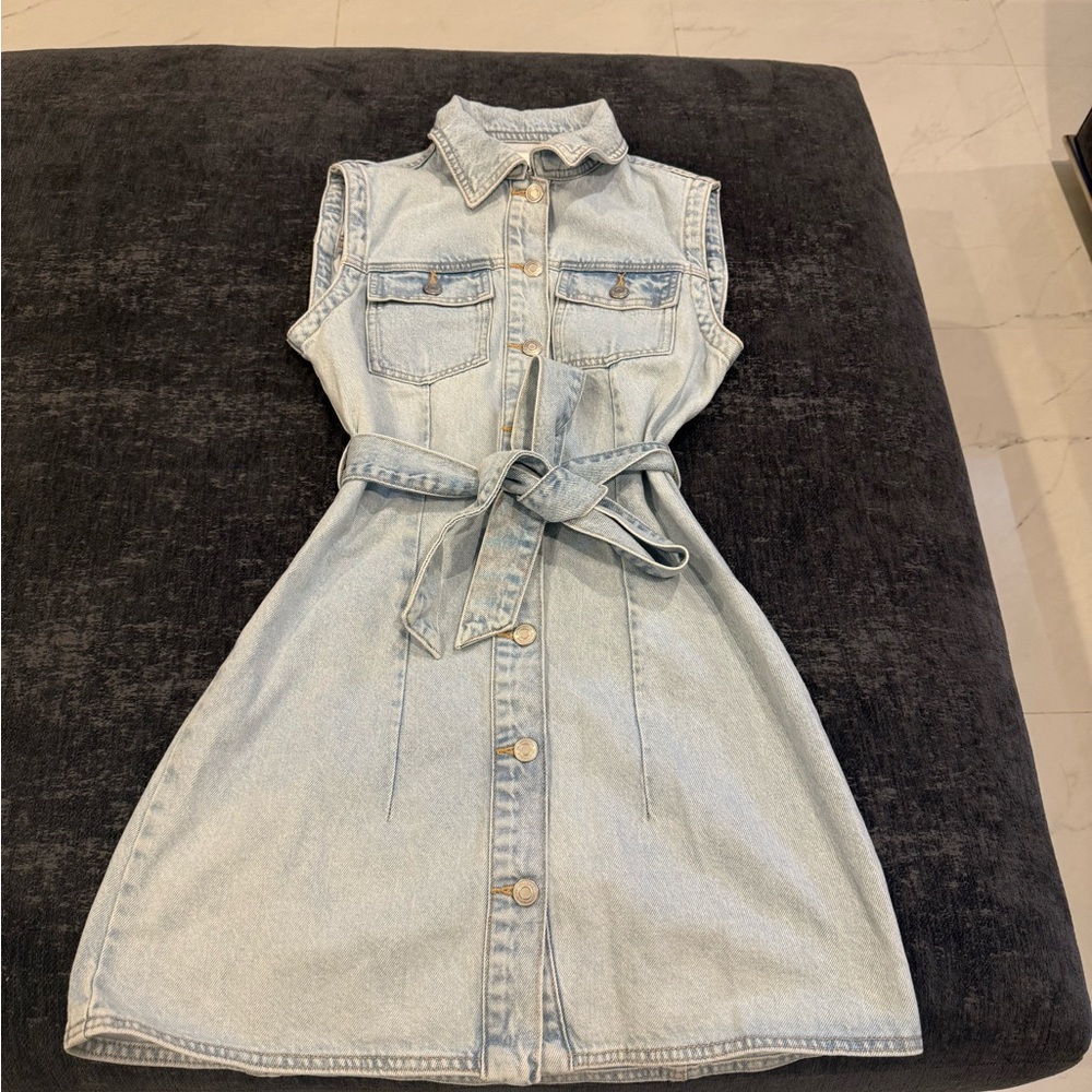 Zara Light Wash Denim Tie-Waist Sleeveless Mini Dress